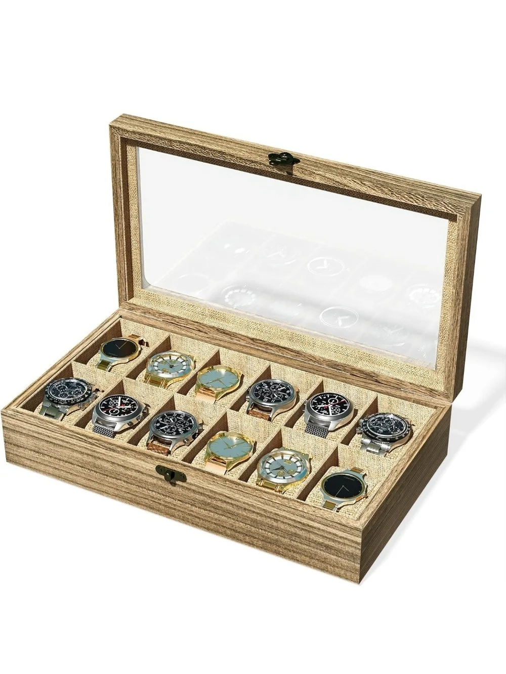 Wooden Glass-Top Watch Storage Box - 12 Slot - Natural Brown